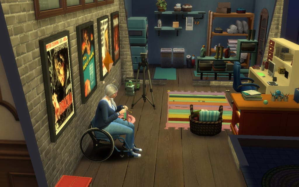 my SimSelf knitting in her wheelchair