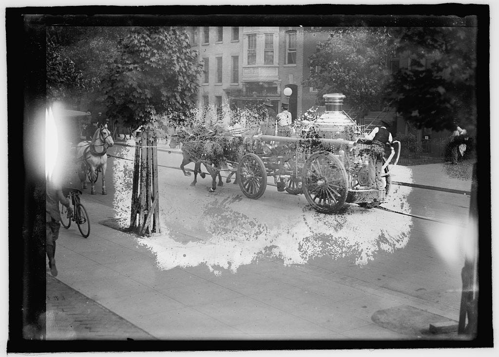 Hand pumped horse-drawn fire brigade, c. 1908